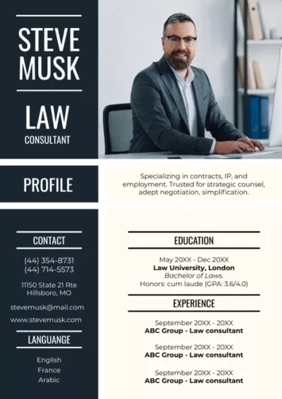 Skills of Law Consultant with Man at Workplace Modern Resume Creator