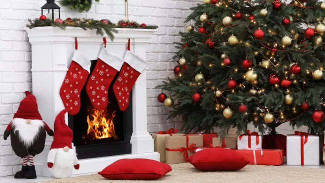 White Fireplace with Christmas Stockings for Gifts