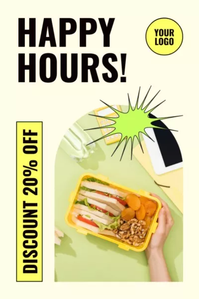 Happy Hours at Fast Casual Restaurant Ad with Lunchbox Tumblr Graphics
