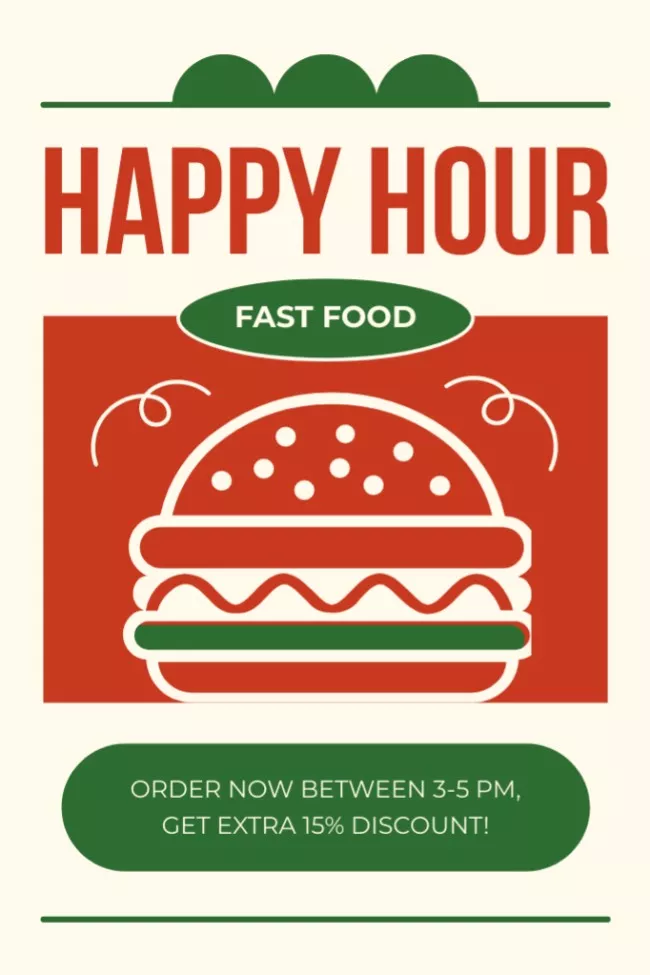 Happy Hours at Fast Casual Restaurant Ad with Icon of Burger