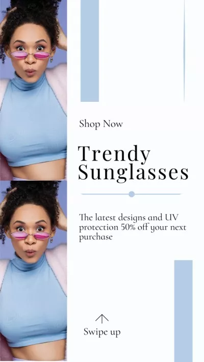 Sale Brand Sunglasses with Young Surprised African American Woman Instagram Stories