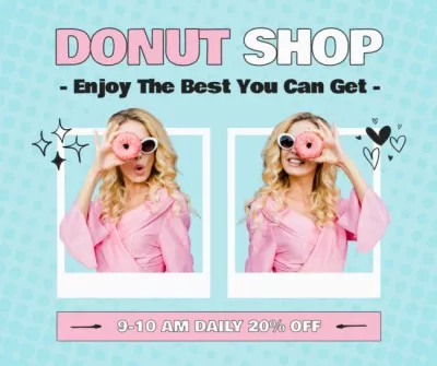Doughnut Shop Discount Promo with Young Woman Facebook Photo Collage