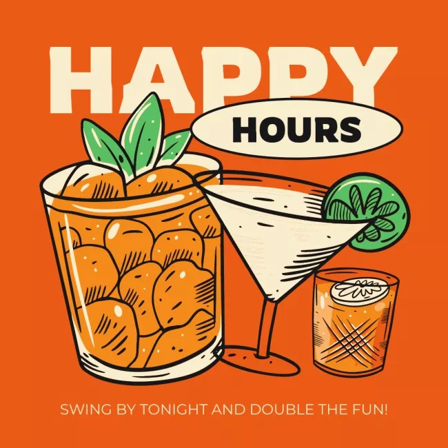 Announcement of Happy Hours for All Cocktails in Bar